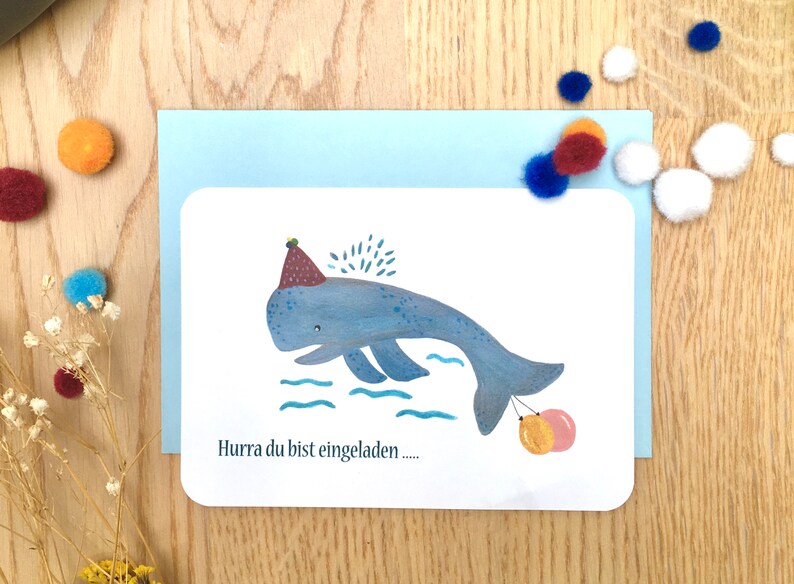 Personalised Children Birthday Party Invitation Card, Blue Whale Birthday Invitation, Invitation Card to Fill Out, Boys or Girls, 8 Cards Normal + Envelopes