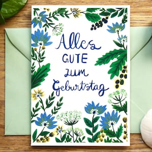 Fijne verjaardagskaart, verjaardagskaart, gefeliciteerd met je verjaardagskaart, beste verjaardagswensen, blauw groene bloemen