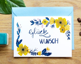 Congratulations Card, Best Wishes Greeting Card, All the Best Card German, Floral Pattern Card