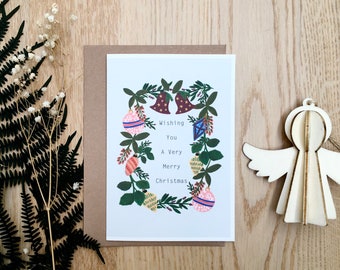 Merry Christmas Card, Holiday Season Card, Happy Holiday Greetings, Christmas Wishes, Christmas Wreath Illustration