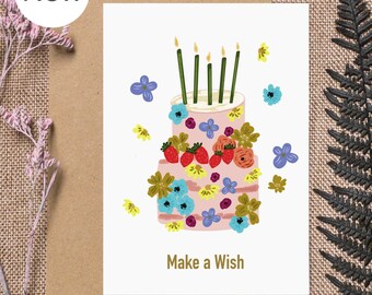 Make A Wish, Happy Birthday Card, Birthday Cake Illustration, Floral Birthday Cake