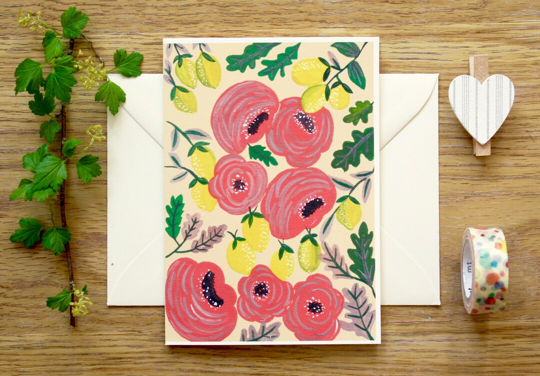 Floral Lemon Illustration Card: Hand-painted Gouache Art - Etsy