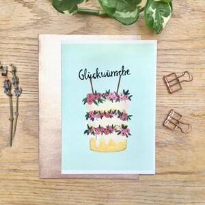 Carte de mariage, félicitations pour le mariage, gâteau de mariage et illustration florale, carte de mariage pliée