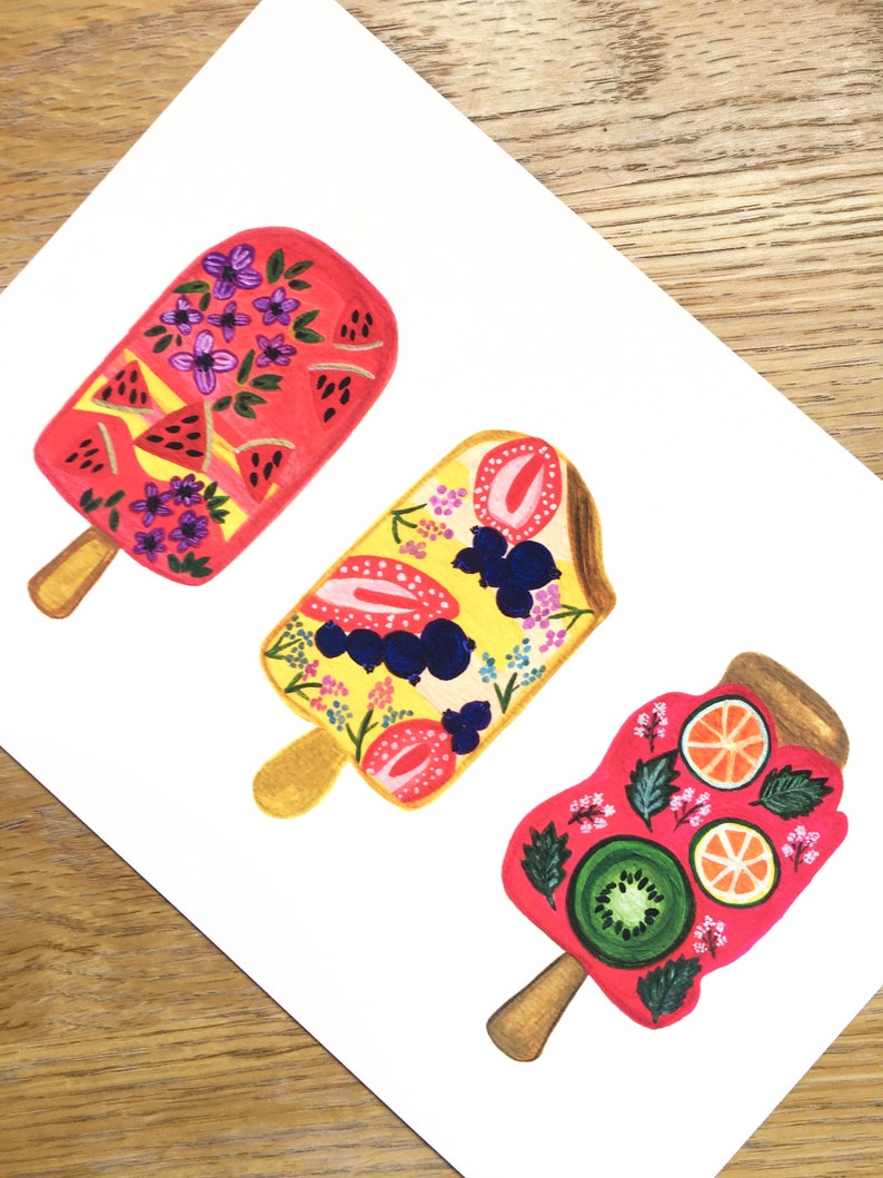 Summer Popsicles, Floral Fruity Popsicles, Art Print A5/A4 image 5