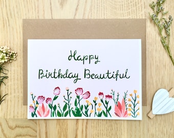 Happy Birthday Card, Happy Birthday Beautiful, Birthday Card, Wild Flower Illustration, Floral Greeting Card, Floral Birthday