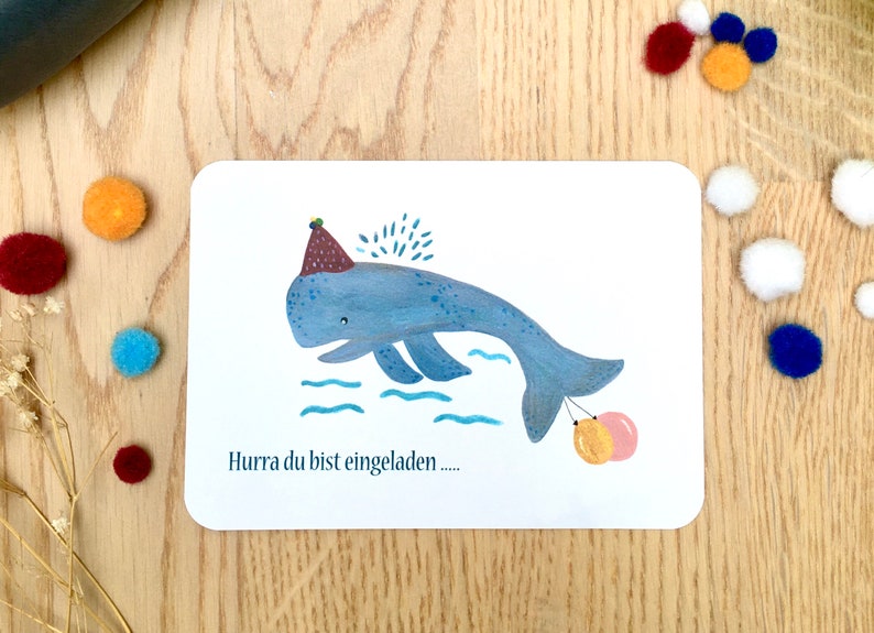 Personalised Children Birthday Party Invitation Card, Blue Whale Birthday Invitation, Invitation Card to Fill Out, Boys or Girls, 8 Cards Normal No Envelopes