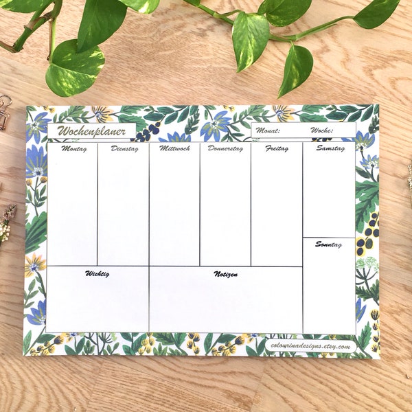 Weekly Planner A4, Tear Off Pad with 50 Sheets, Botanical Illustration Planner, WochenPlaner Block, A4 Desk Planner