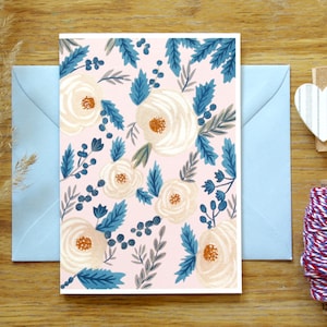 Grußkarte, Alltagskarte, All Anlass Karte, Rosa Creme Rosen mit Blau Grau Blätter, Blumen Grußkarte