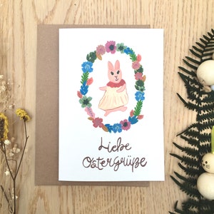 Biglietto di Pasqua, biglietto di illustrazione del coniglietto di Pasqua, biglietto di auguri di buona Pasqua, illustrazione della ghirlanda di Pasqua