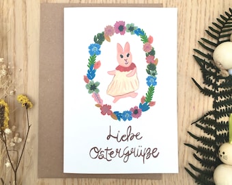 Easter Card, Easter Bunny Ilustration Card, Happy Easter Greeting Card, Easter Wreath Illustration