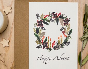 Advent Wreath Christmas Card: Hand-Painted Gouache Design