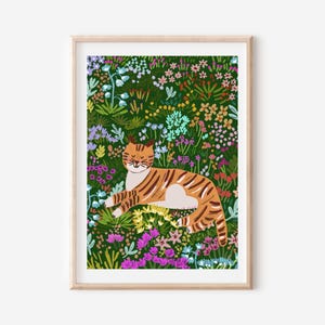 Retrato de gato, póster de un lindo gato en un campo de flores silvestres, idea de regalo para una mamá gatuna, ilustración de gato A5/A4, lámina artística para habitación infantil o infantil.