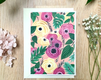 Pink Yellow Roses Illustration, Floral Greeting Card, Roses Illustration, Everyday/All Occasion Card