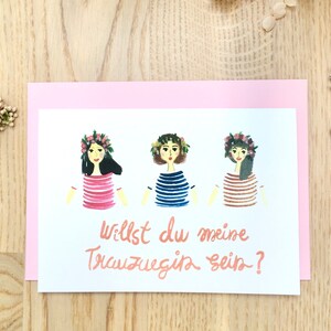 Willst du meine Brautjungfer Karte, Mädchen mit floralen Kopfschmuck Illustration, Antragskarte, Hochzeitskarte
