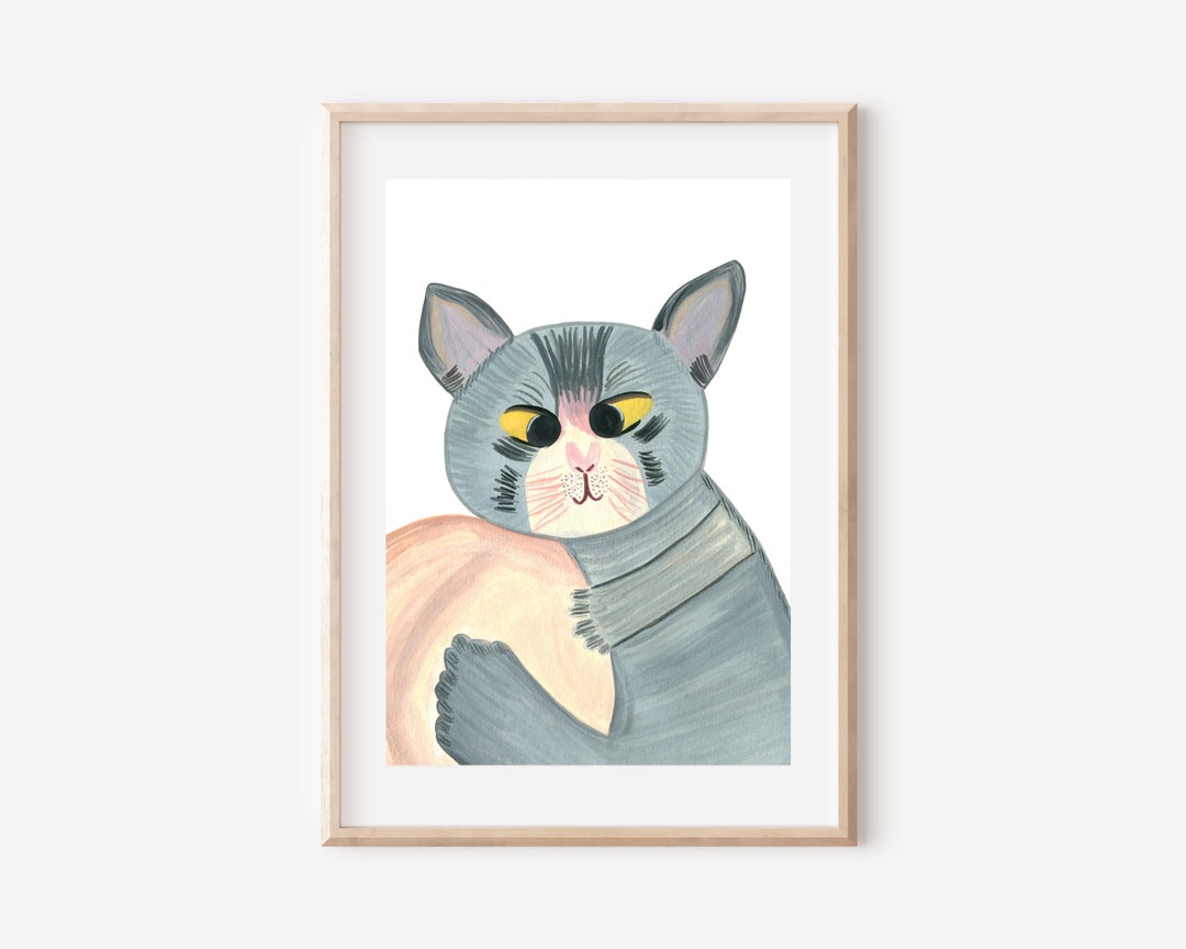Cute Cat Art Print, Hand-painted Gouache Illustration - Etsy