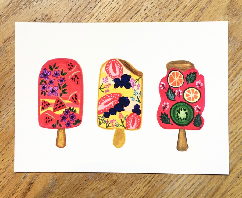Summer Popsicles, Floral Fruity Popsicles, Art Print A5/A4 image 4