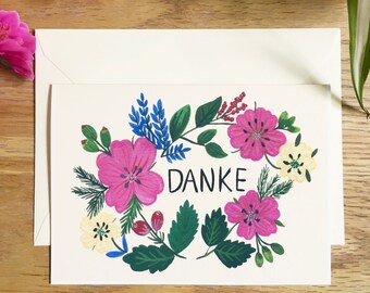 Thank You Card German, Greeting Card, Grusskarte, Dankeskarte, Floral Card