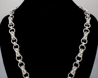 Byzantine Connected Ring Necklace, Sterling Silver Byzantine Chain Maille Necklace, Artisan Crafted Chain Maille Necklace, Chainmail, iDu