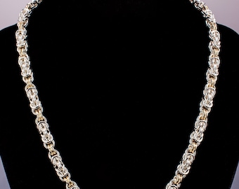 Byzantine Chain Maille Necklace, Byzantine Golden Link Necklace, Byzantine Weave, Sterling Silver Chain Maille Necklace, Chainmail Necklace