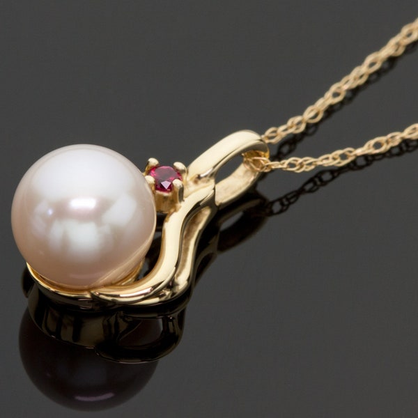 White Akoya Saltwater Pearl & Ruby Necklace, 14K Yellow Gold White Pearl Necklace, White Pearl Necklace, Pearl and Ruby Necklace, Rope Chain