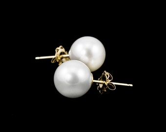 White Freshwater Pearl Stud Earrings, Pearl Earrings, 14K Yellow Gold Pearl Earrings, Pearl Post Earrings, 8mm White Pearl Stud Earrings