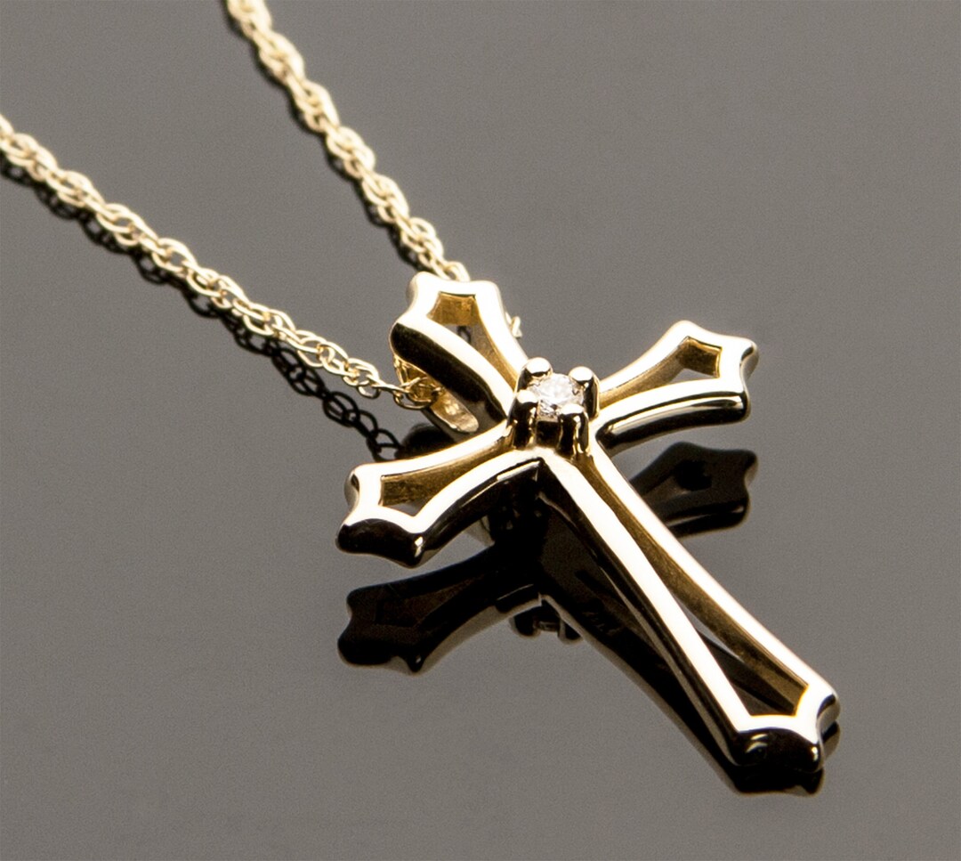 Religious Cross Pendant Necklace, 14K Yellow Gold and Diamond Cross
