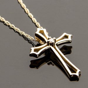 Religious Cross Pendant Necklace, 14K Yellow Gold and Diamond Cross Pendant Necklace, Diamond Cross Necklace, Petite Diamond Cross Necklace