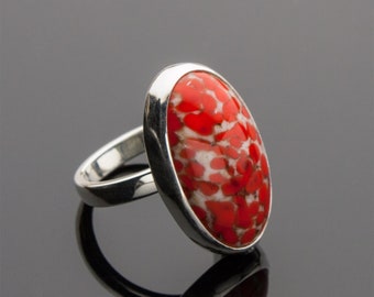 Red Coral Matrix Czech Glass Ring: Vintage Glass Cabochon, Sterling Silver, Size 7.5