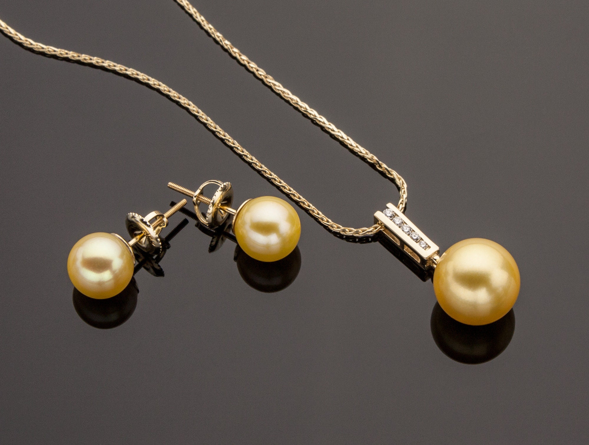 Golden South Sea Pearl Necklace and Earring Set: Solid Yellow 14K Gold ...