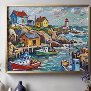 May include: An oil painting in a gold frame depicting a coastal harbor scene with colorful houses, a lighthouse, and several fishing boats docked at a wooden pier. The artwork features thick, textured brushstrokes in blue, red, and yellow tones.