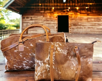 Bundle Deal Highlands Large Genuine Cowhide Weekender Duffel Saddle+ Cowhide Tote Bag Saddle