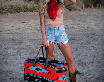 Boho Aztec Large Weekender Southwestern Duffel Bag Sedona Saddle Blanket Bag 100% Leather Handles