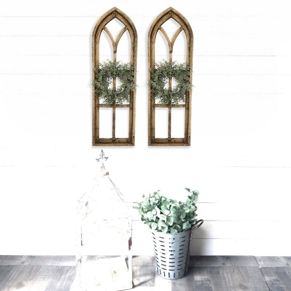 36" X 12" Farmhouse Rustic Wooden Wall Window Arches Rustic Brown Dandelion - Wood Window