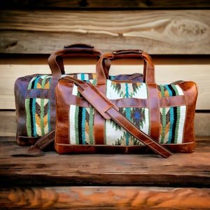 Southwestern Saddle Blanket Aztec Weekender Aspen Leather Duffel Bag