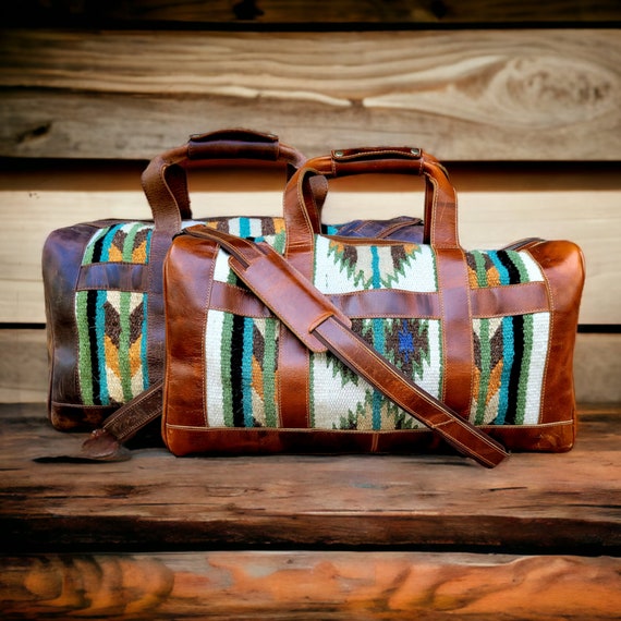Southwestern Saddle Blanket Aztec Weekender Aspen Leather Duffel Bag
