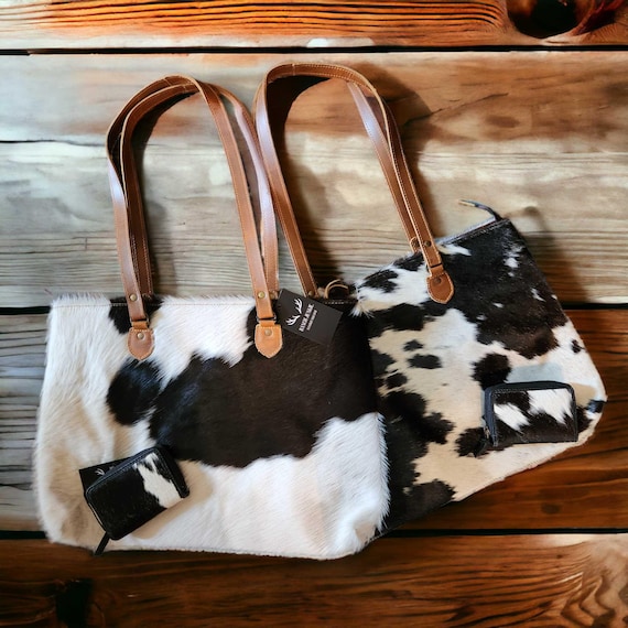 Cowhide Tote Bag & Wallet Set, Buffalo Leather Trim