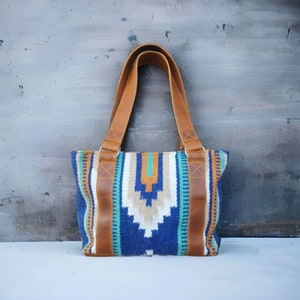 Southwestern Handwoven Saddle Blanket Wool Leather Boho Tote Dakota Western Purse