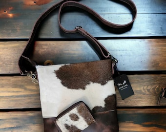 Dark Brown Cowhide Crossbody Bag and Wallet Set