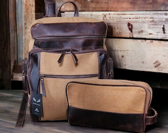 Waxed Canvas & Leather Backpack With Toiletry Bag Set - Etsy