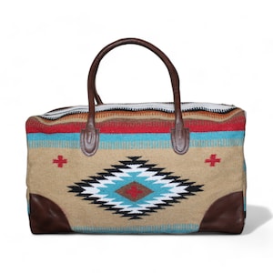 Aztec Large Weekender Southwestern Duffel Bag Cayman Saddle Blanket Bag 100% Leather Handles