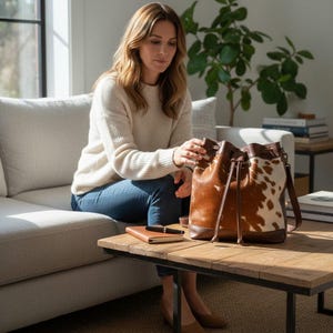 Highlands Large Cowhide Drawstring Bucket Handbag Western Bag - Ranch Junkie Mercantile LLC