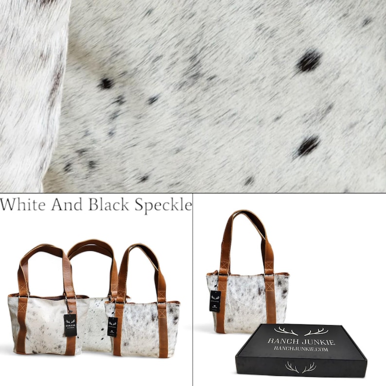 Highlands Genuine Cowhide Tote Handbag Black Cowhide Purse White And Black Speckled