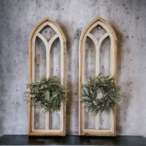 The Ivory Point Farmhouse Wooden Wall Window Arches Set of 2 -3 Sizes - Rustic Cathedral Wood Windows- Ivory Point