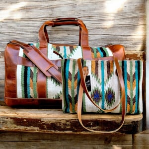 Bundle Deal Aspen Southwestern Leather Aztec Weekender Duffel Bag + Large Wool Boho Tote