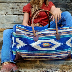 Boho Aztec Large Weekender Southwestern Duffel Bag Dakota Saddle Blanket Bag 100% Leather Handles