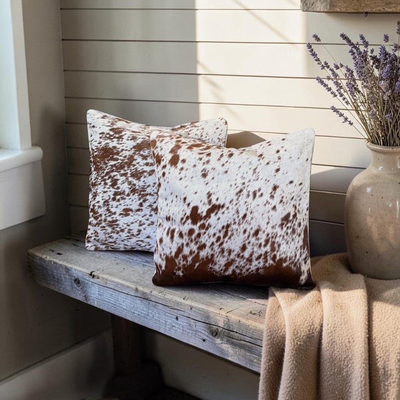 May include: Two square throw pillows featuring a brown and white cowhide pattern. The pillows have a textured, hair-on-hide appearance with irregular brown spots scattered across a white base, creating a natural, mottled look on both cushions.