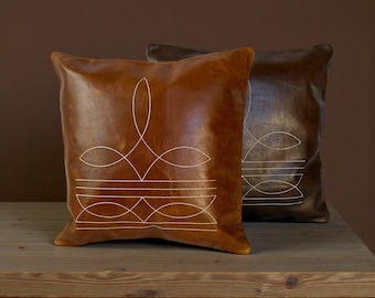 Genuine Leather Pillow Cover: Rancho Boot Stitch Design, 18x18