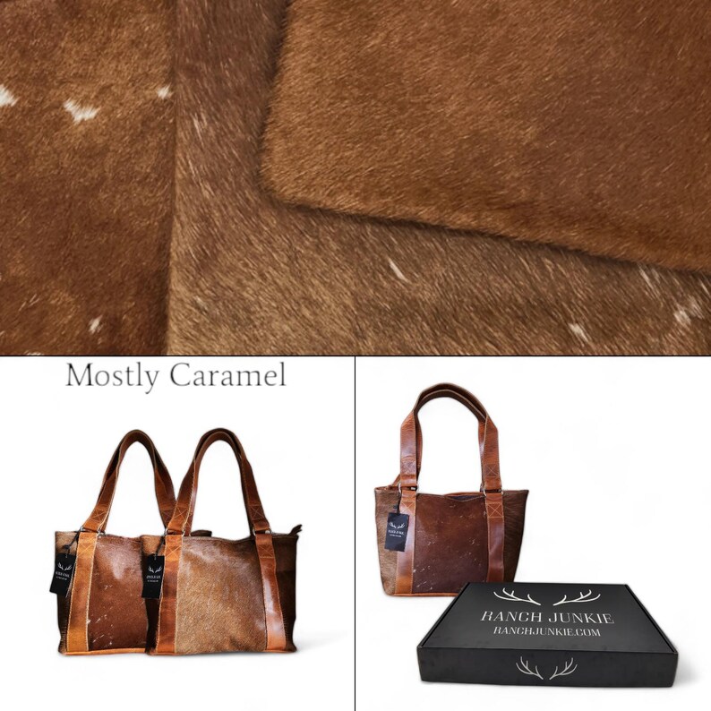 Op de afbeelding: Een Mostly Caramel tote bag met bruine leren handvatten en accenten. De tas heeft een karamelkleurige huid buitenkant met witte vlekken. De afbeelding toont ook een doos met de tekst "Ranch Junkie" en het websiteadres.