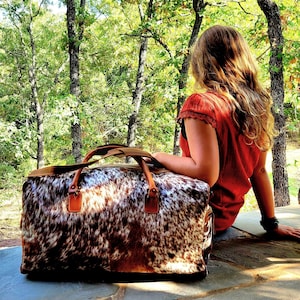 Saddle Large Genuine Cowhide Leather Weekender Highlands Cowhide Duffel