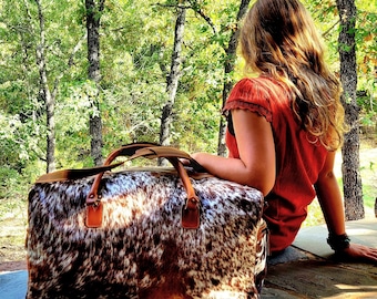 Saddle Large Genuine Cowhide Leather Weekender Highlands Cowhide Duffel